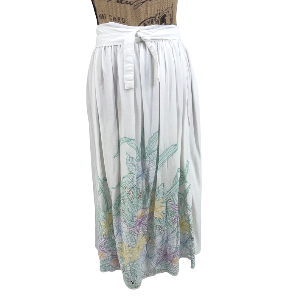 Jansson Vtg Wrap Skirt Lg White Floral Embroidered Eyelet Midi Boho Peasant